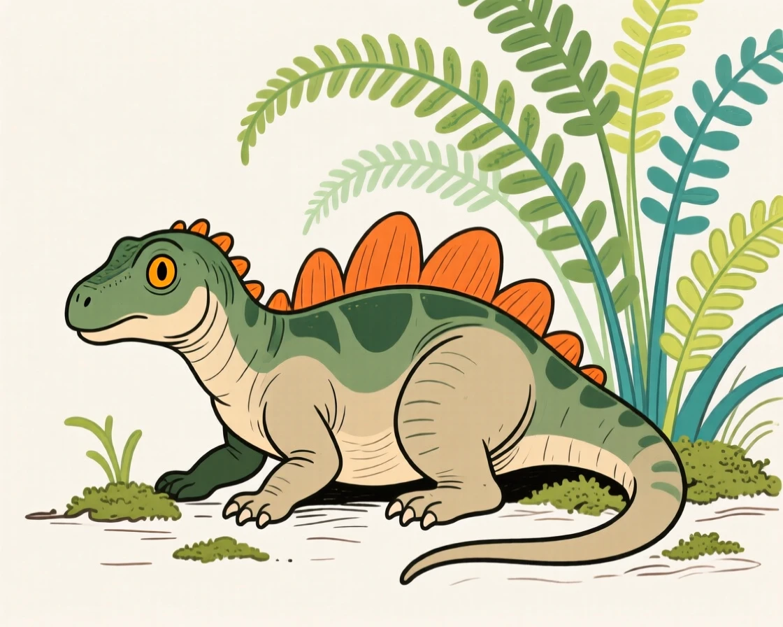 A young Stegosaurus resting beside a prehistoric fern grove.