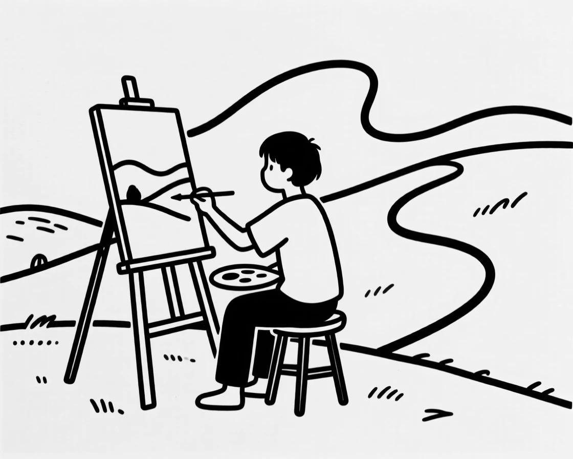 A young artist painting a landscape on a hillside easel.