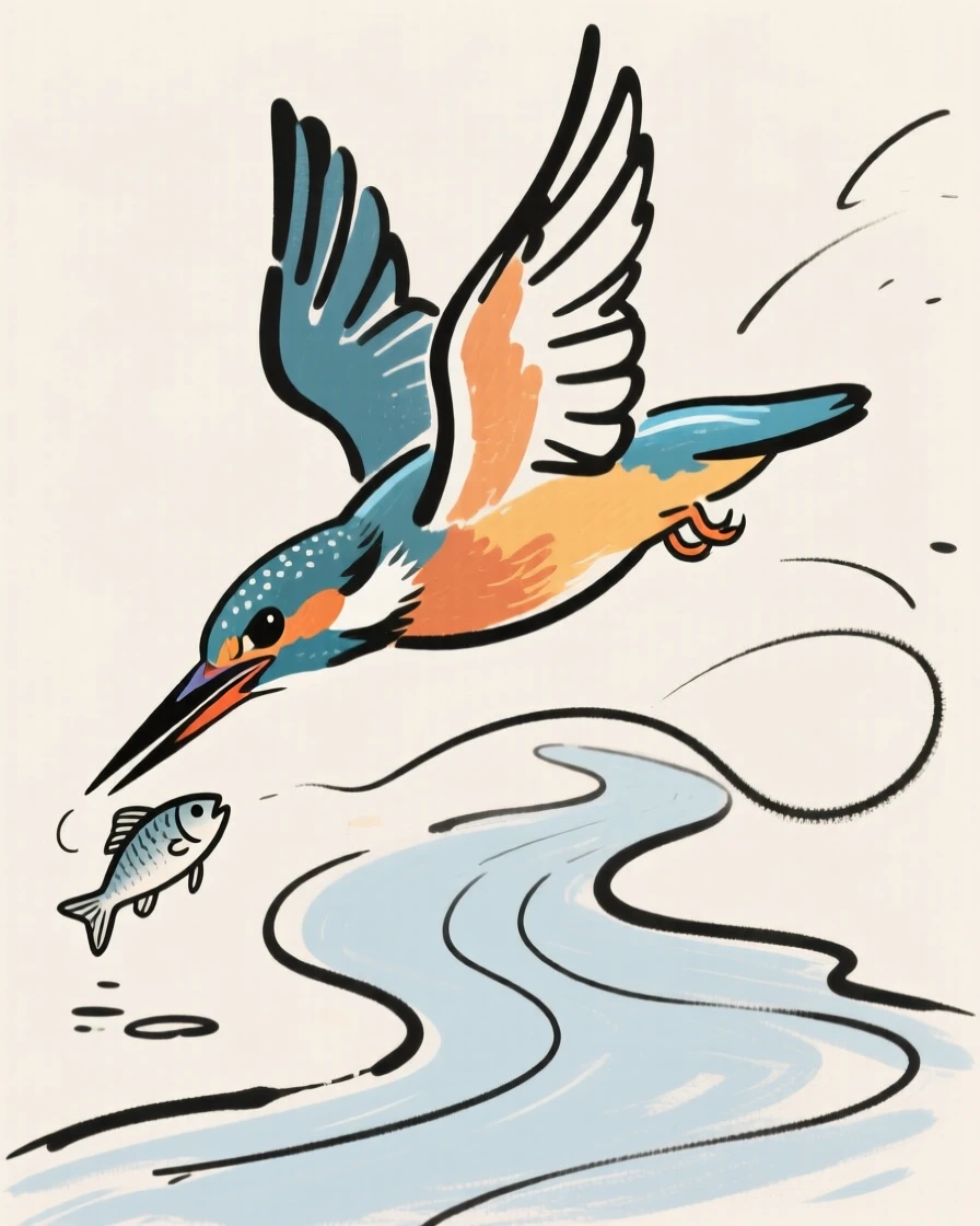 A kingfisher diving toward a stream to catch a small fish.