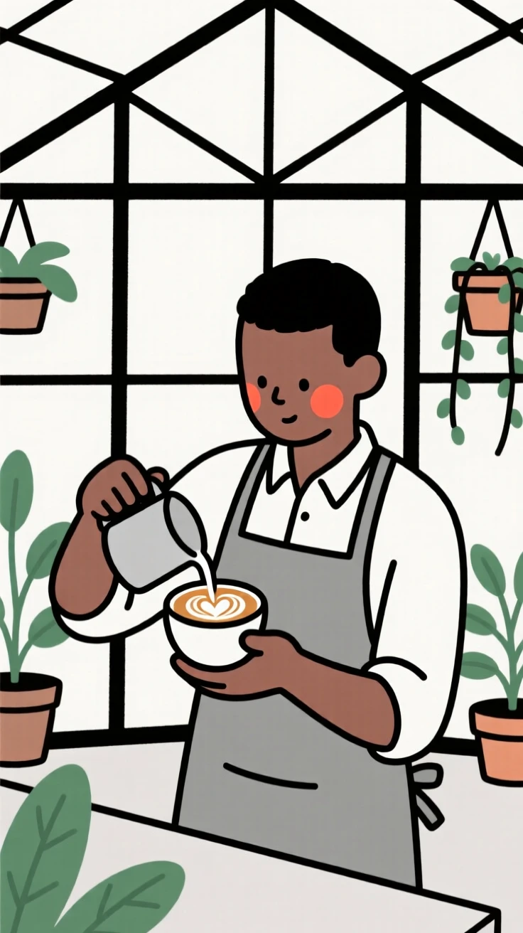 A barista of nigerian heritage crafting latte art, full of curious wonder, in a botanical garden greenhouse.