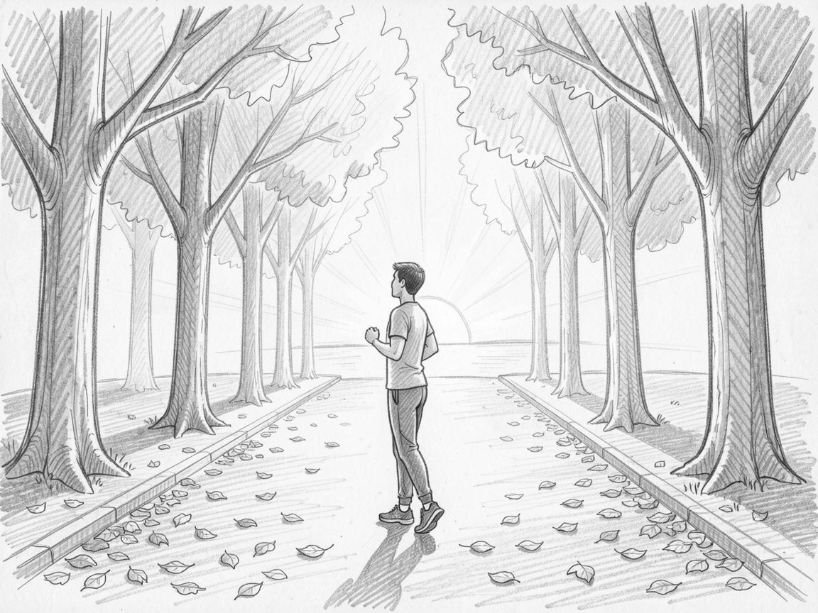 A warm everyday moment: a jogger pausing to watch the sunrise along a quiet tree-lined avenue, with autumn leaves scattered underfoot.