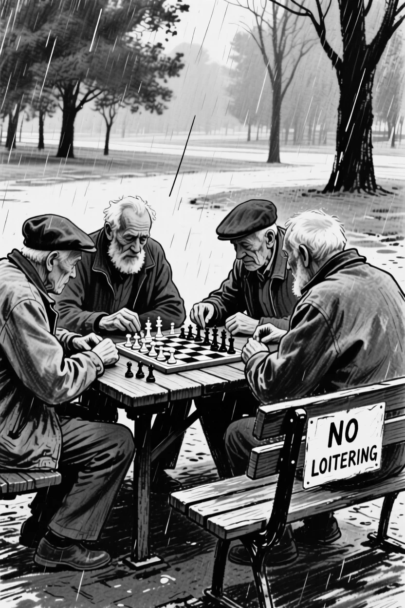 A group of elderly men playing chess in a park, as gentle rain patters down around them.