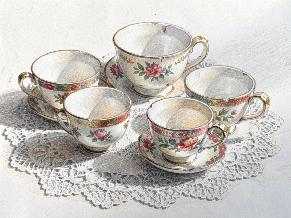 A set of vintage teacups arranged on a lace tablecloth, arranged thoughtfully with soft, natural lighting, full of storytelling character and warmth.