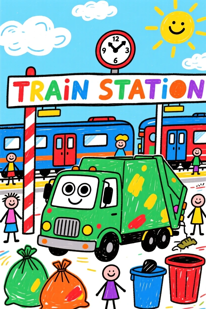 A friendly garbage truck loading up at a bustling train station.