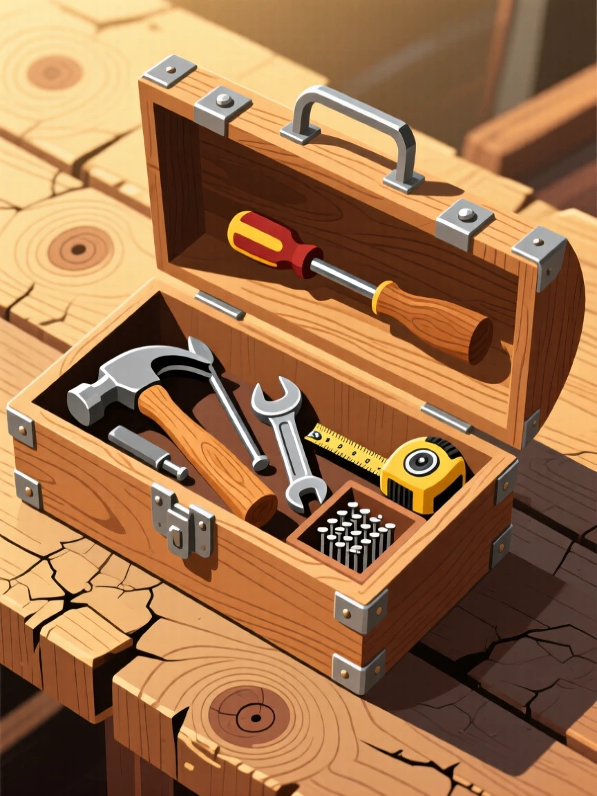A wooden toolbox filled with neatly organized tools, resting on a weathered wooden surface, arranged in a carefully styled flat lay, with soft golden light highlighting fine craftsmanship.