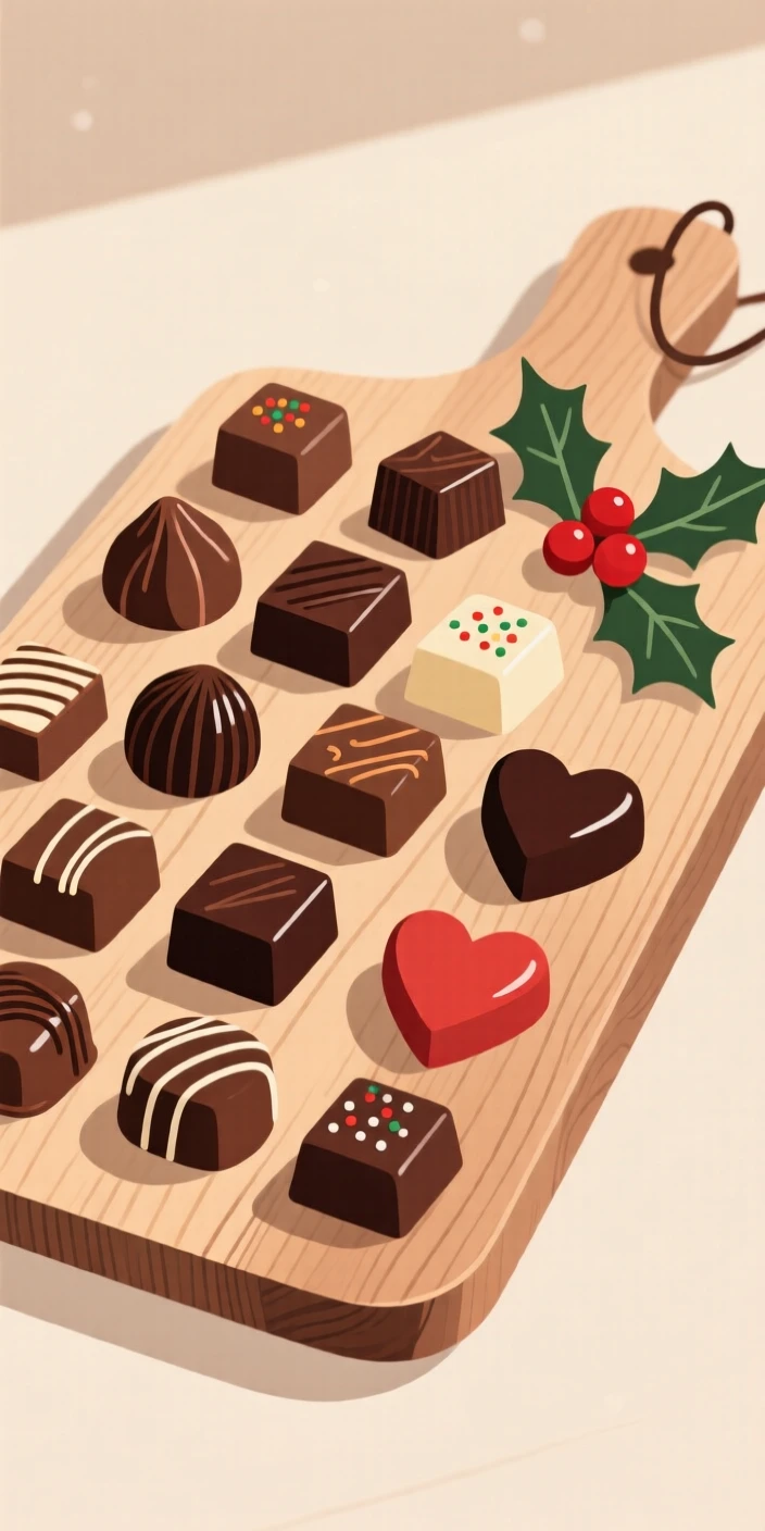 A display of artisan chocolates beautifully displayed on a rustic wooden board at a holiday feast.