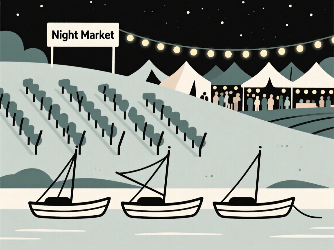 A journey through a countryside dotted with vineyards toward a bustling night market, passing a row of fishing boats, full of adventurous excitement.
