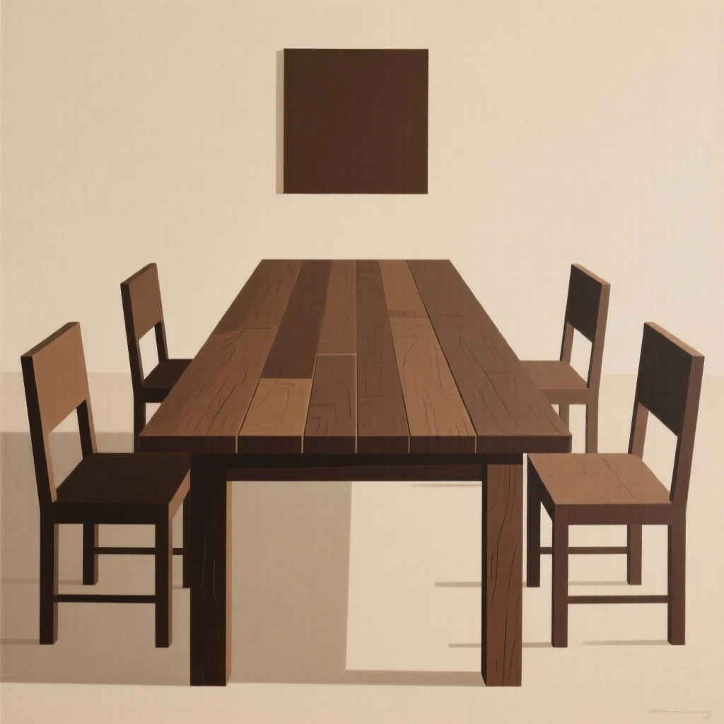 A rustic dining room with a long wooden table