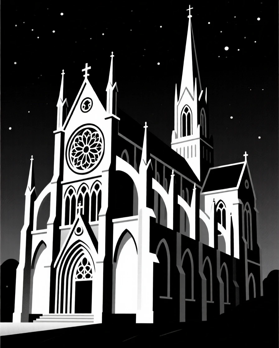 A Gothic cathedral illuminated at night.