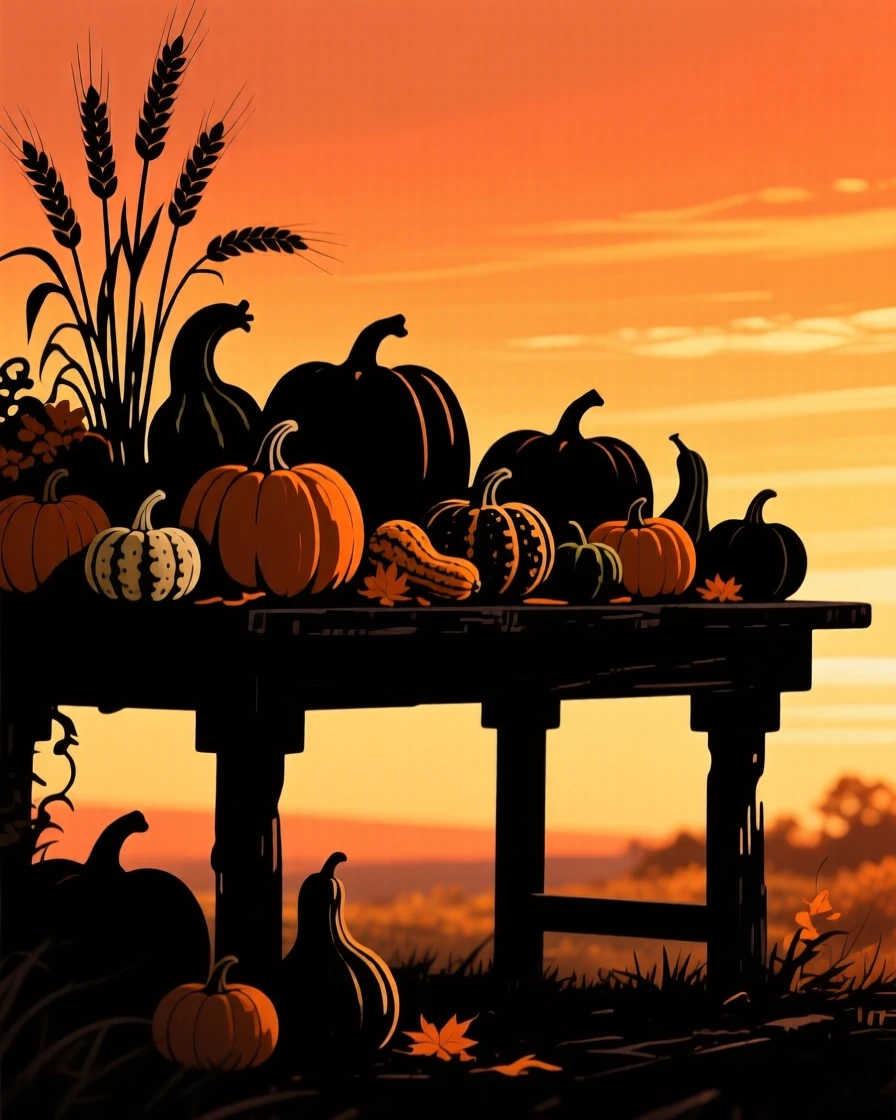 A harvest table piled high with pumpkins, gourds, and autumn wheat.