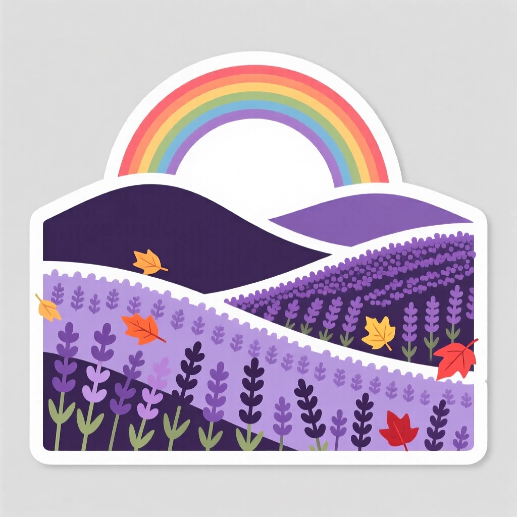 A peaceful rolling hills covered in lavender, framed by a gentle rainbow, as the seasons begin to change.