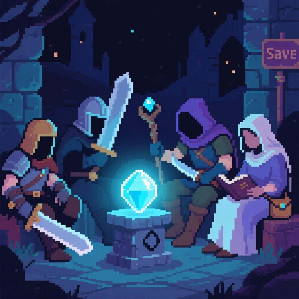 A party of four adventurers resting at a save point glowing softly in the dark, in a retro-style fantasy kingdom.