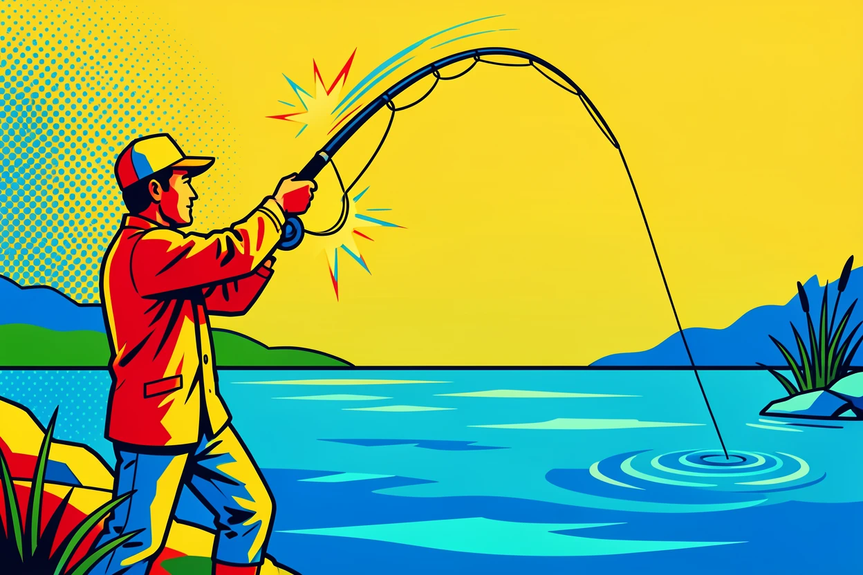 A fisherman casting a line into a calm river