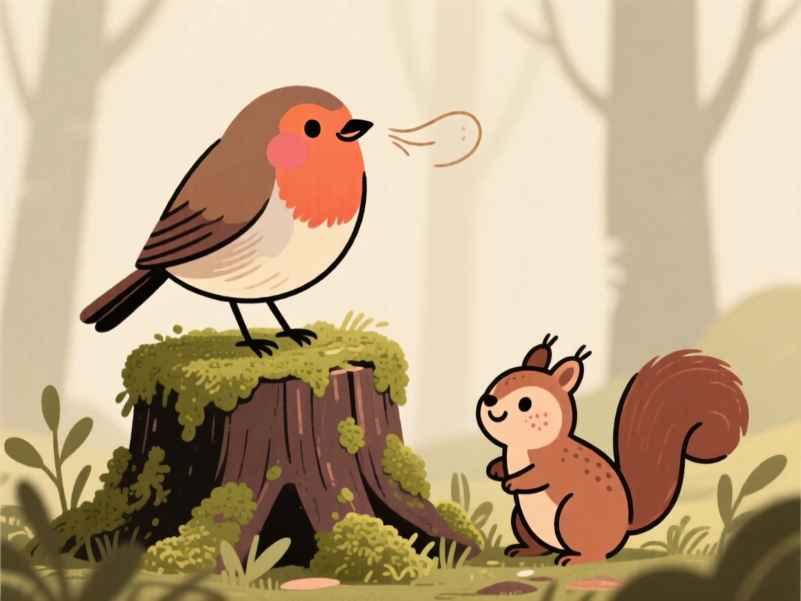 A robin perches on a mossy stump, singing softly while a squirrel moves quietly through the underbrush below.