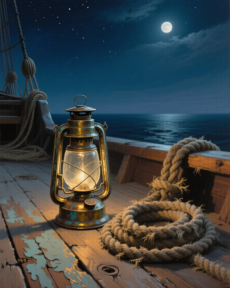 A medium shot of an old lantern and coiled rope on a weathered ship's deck, under the night sky.