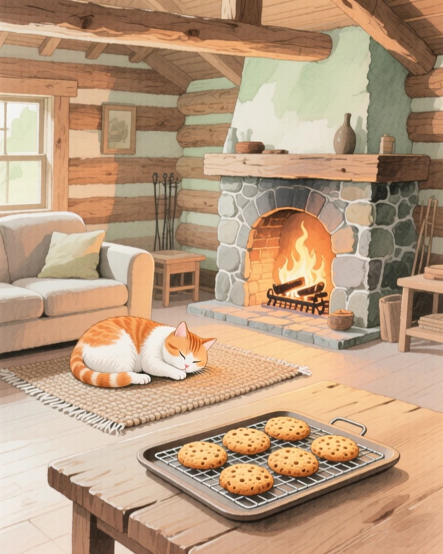 A charming view of a rustic cabin living room, with a cat curled asleep nearby, featuring a tray of cookies cooling on a rack