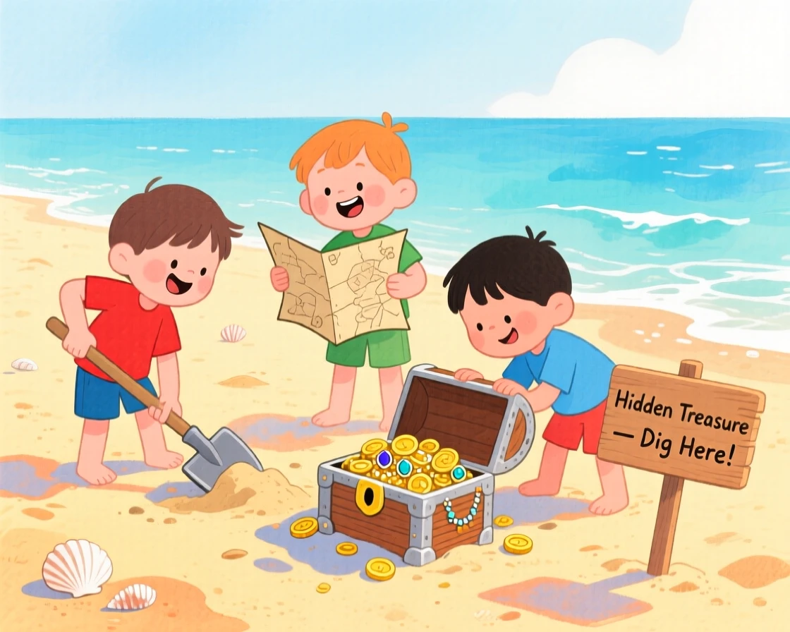 An adventurous scene of children digging for buried treasure on a sandy beach.