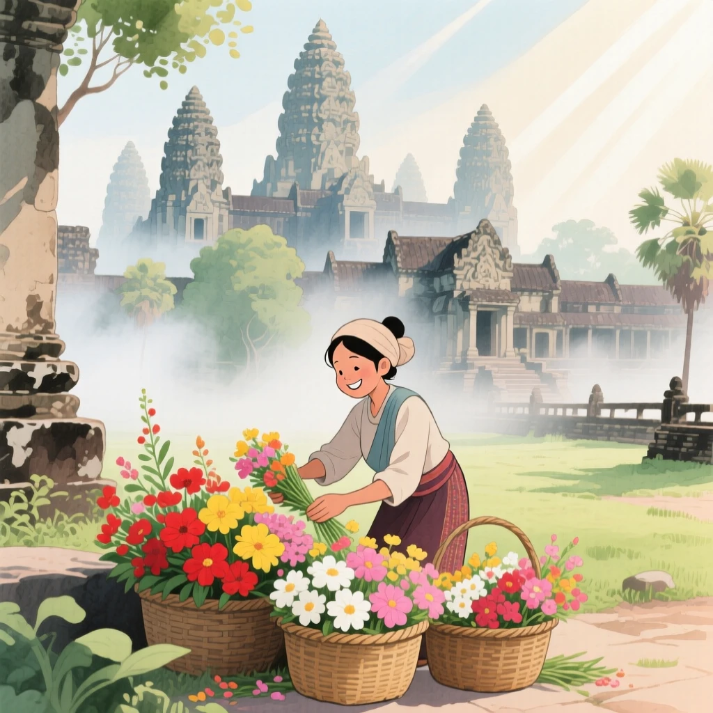 A local vendor arranges baskets of fresh flowers amid the ancient temples of Angkor Wat wrapped in morning mist, radiating cultural warmth and beauty.