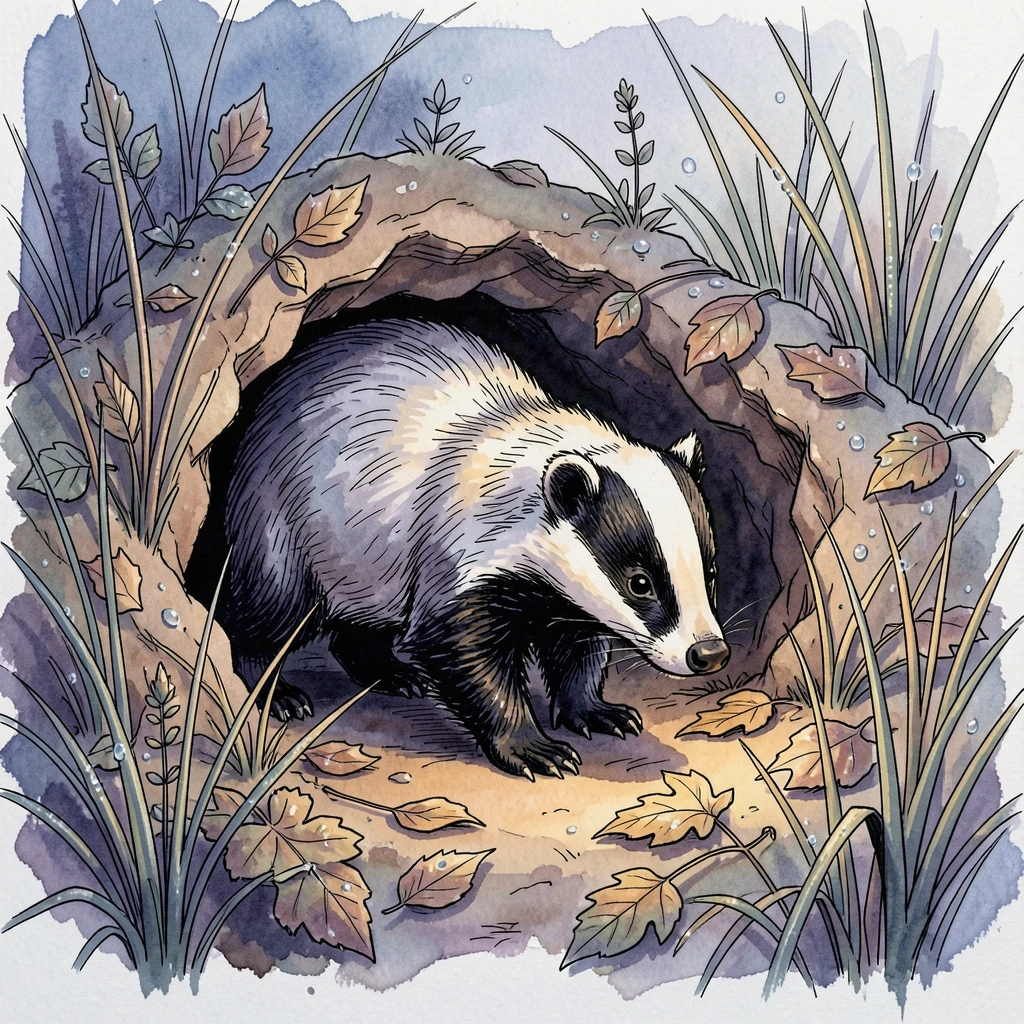 A badger emerging cautiously from its burrow at dusk, morning dew still clinging to the grass and leaves nearby.