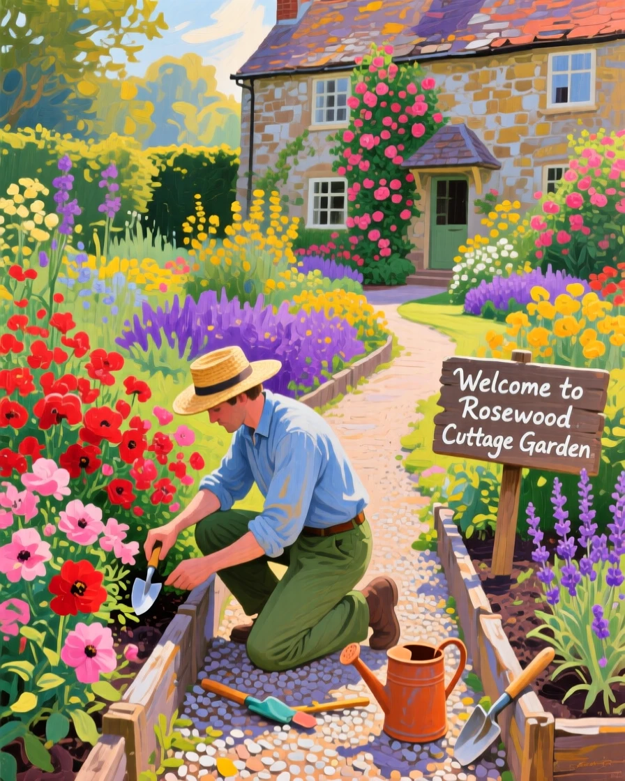 In peak summer bloom, colors saturated and vivid, a sprawling English cottage garden in full bloom, with a gravel path winding between raised flower beds, a gardener kneeling quietly, tending the flower beds.