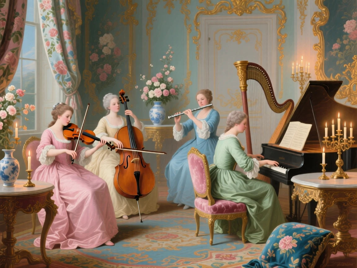 A candlelit chamber concert with violin, cello, flute, and harpsichord  
