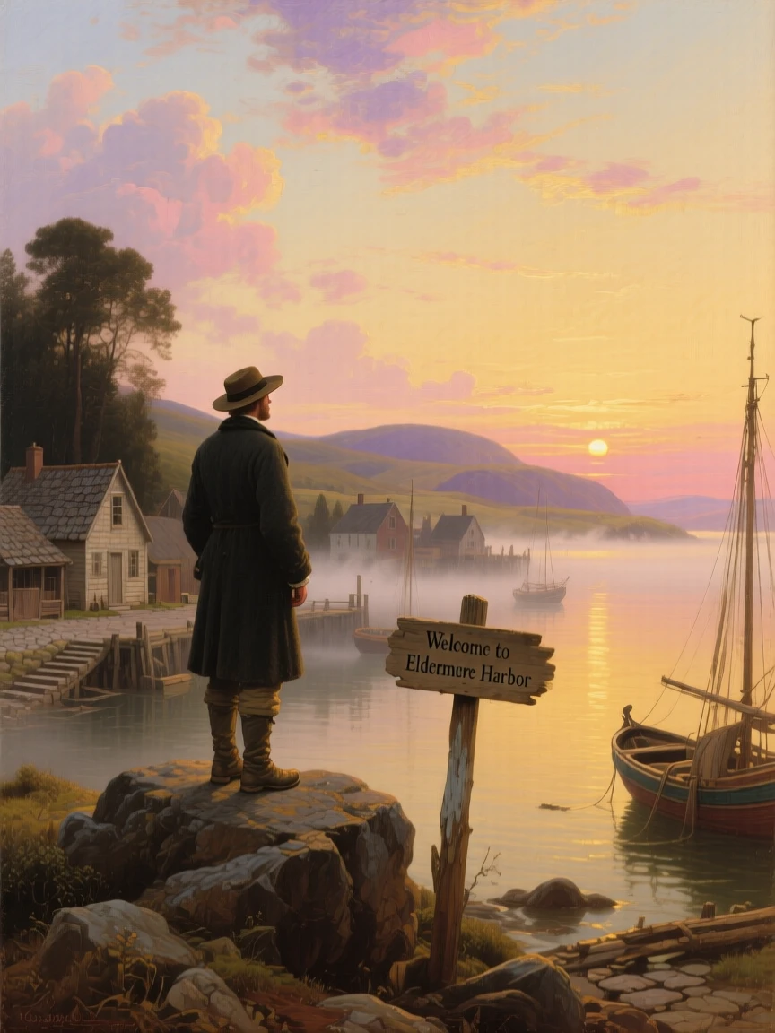 A lone figure waits beneath the first golden light of sunrise over a sleepy fishing town.