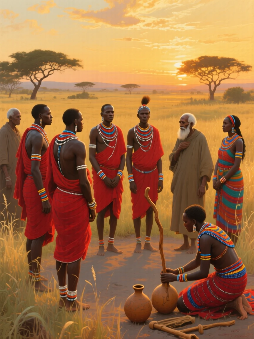 A traditional Maasai ceremony with warriors dressed in vibrant red and beadwork, as golden or dramatic lighting sets a timeless, cinematic mood, offering a vivid window into a fascinating moment of human history
