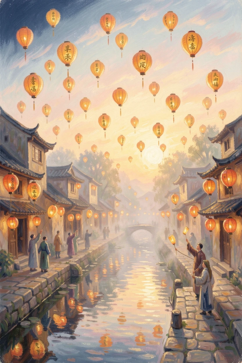 A traditional lantern festival in a Chinese village, thousands of glowing lanterns released into the night sky, at golden sunrise, filled with warmth and nostalgia.