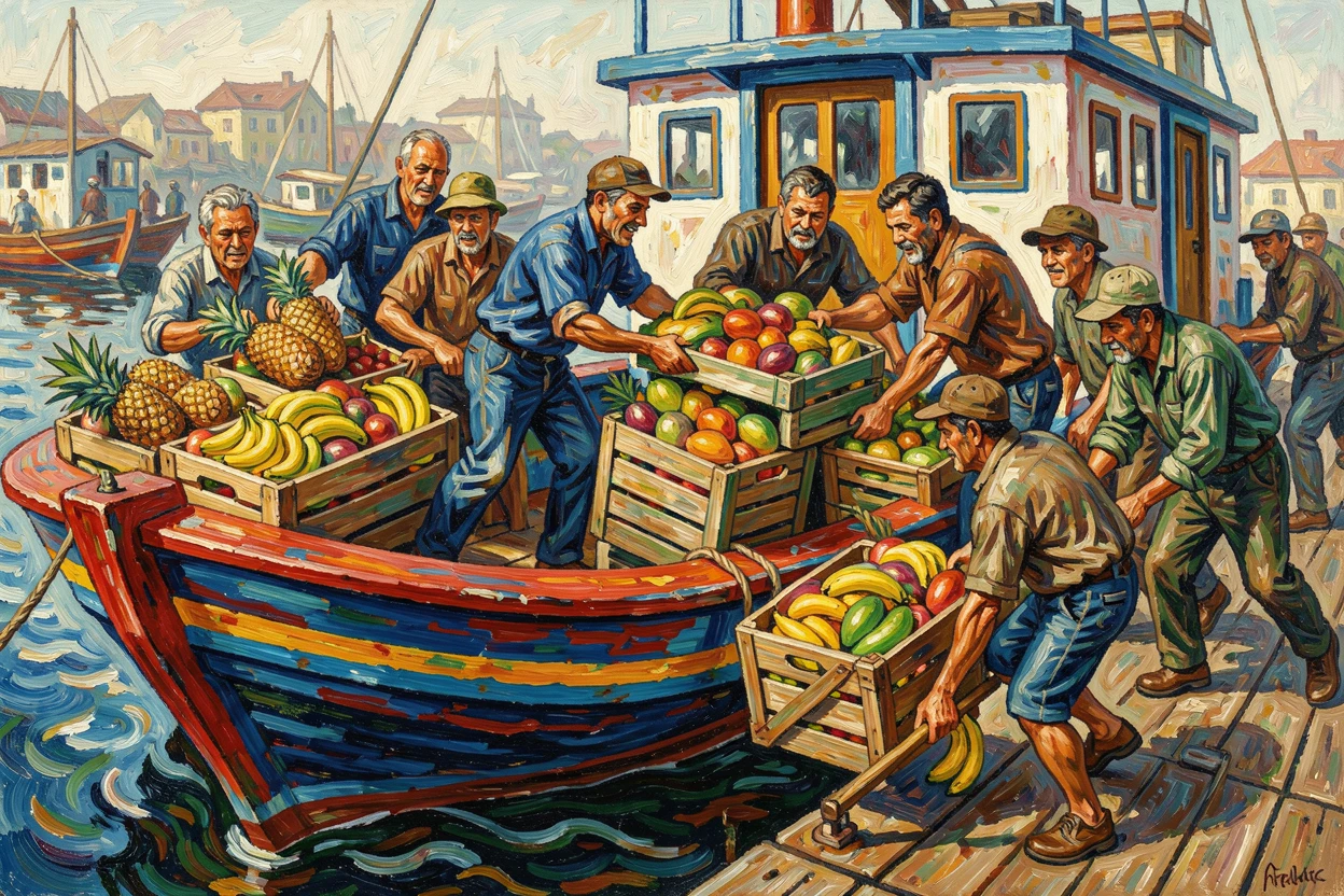 A group of dockhands unloading crates of tropical fruit from a colorful cargo boat.