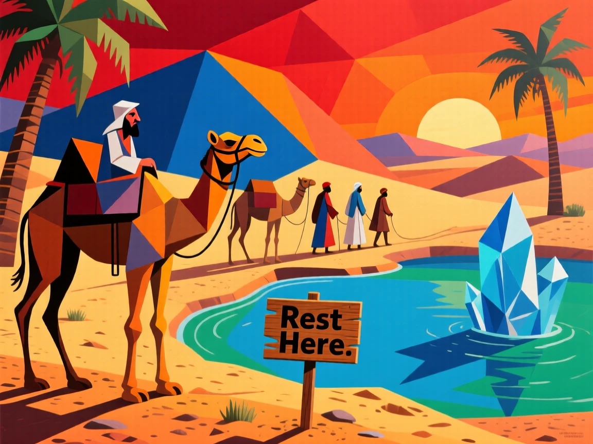 A vivid historical scene depicting a Persian caravan resting beside a desert oasis at sunset.