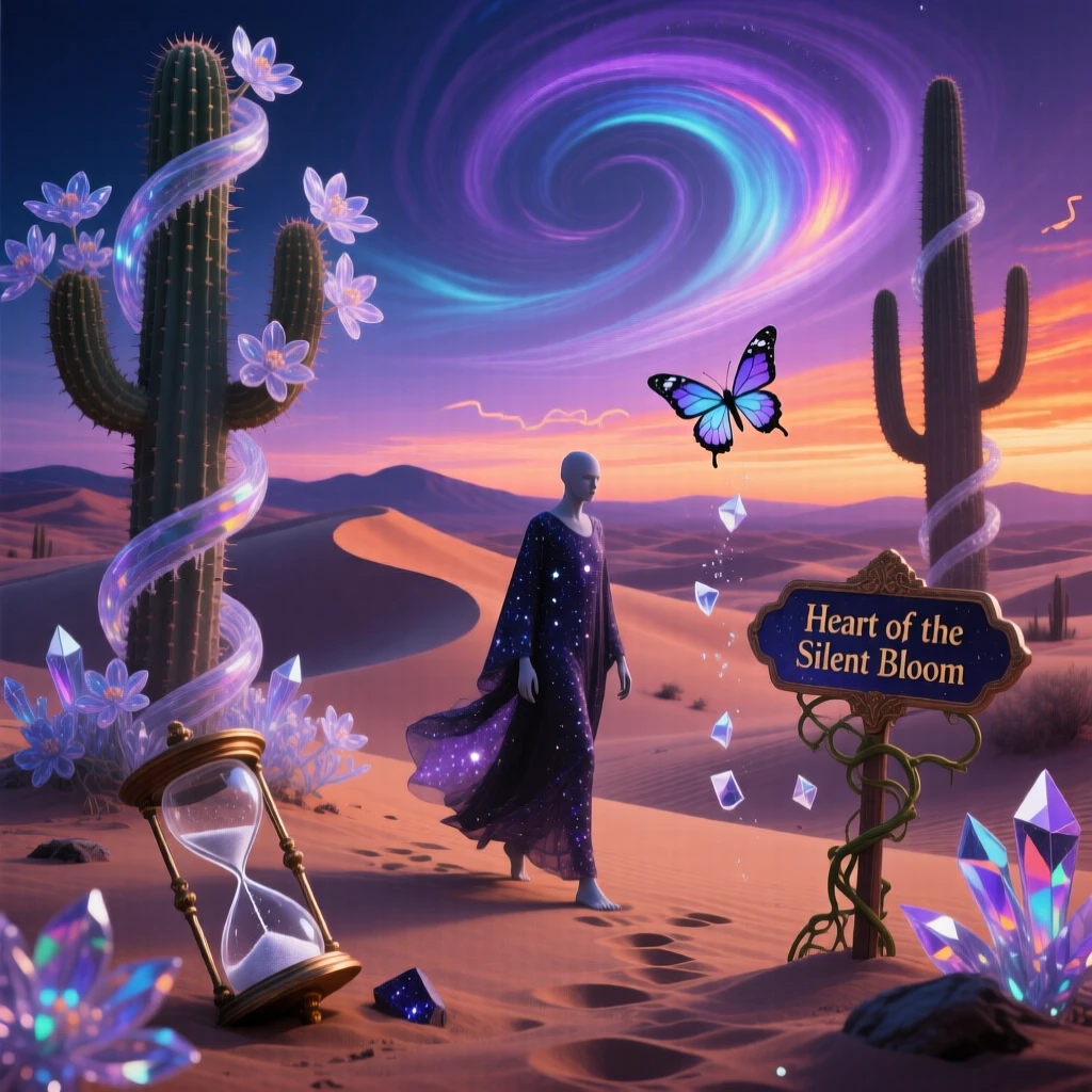 A desert where cacti bloom with tiny glass flowers hums faintly with a low, unseen music, while a lone figure walks quietly through its heart.