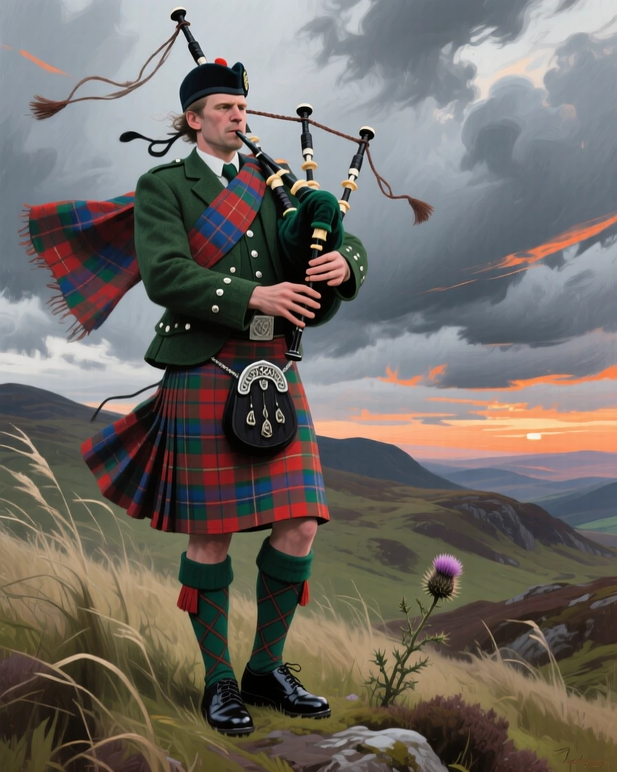 A proud Scottish bagpiper in full tartan regalia plays atop a windswept hillside, clouds racing across the sky behind him, the composition drawing attention to small, telling gestures that reveal character and mood.