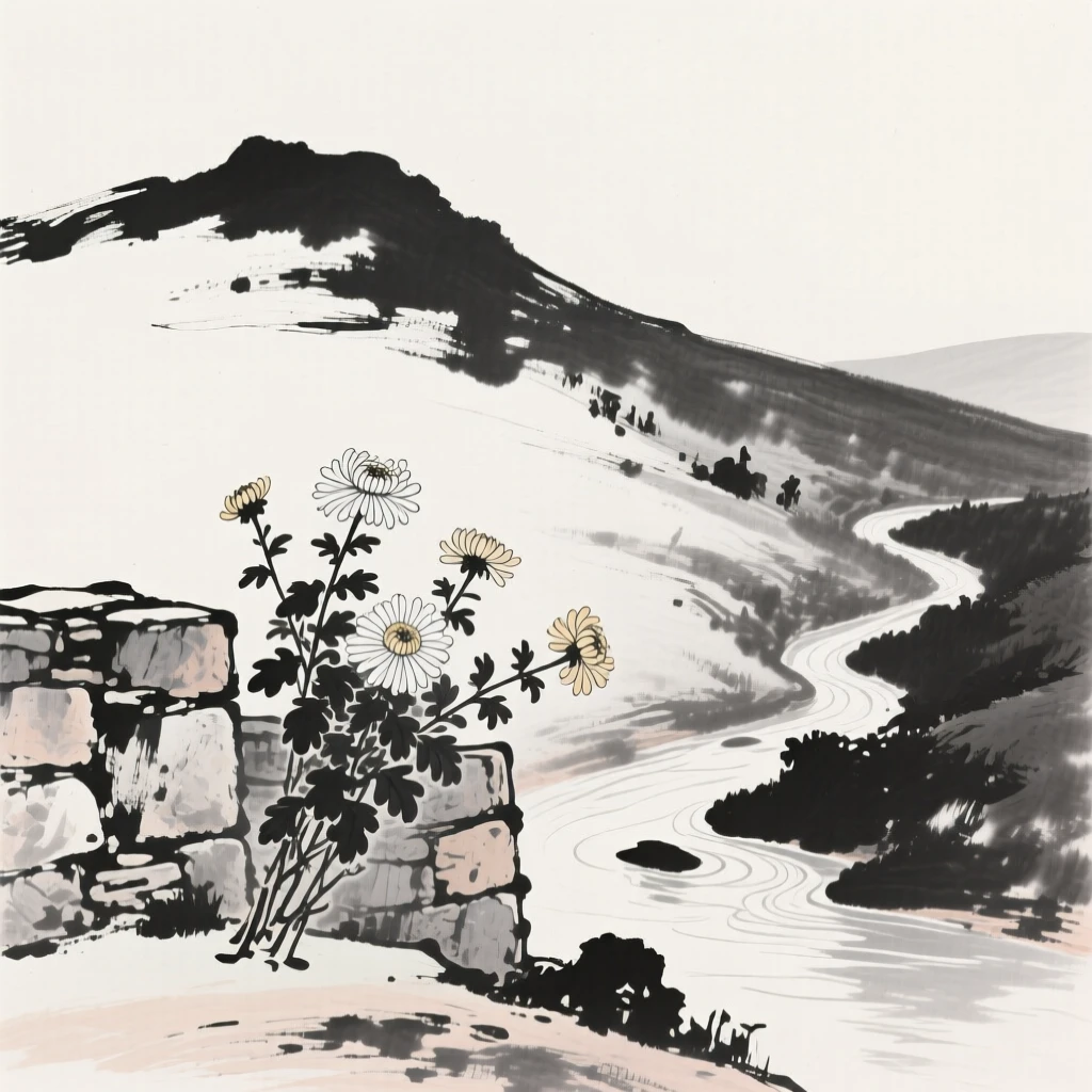 A cluster of chrysanthemums grows beside a rustic stone wall, with a small stream running quietly past the hillside.