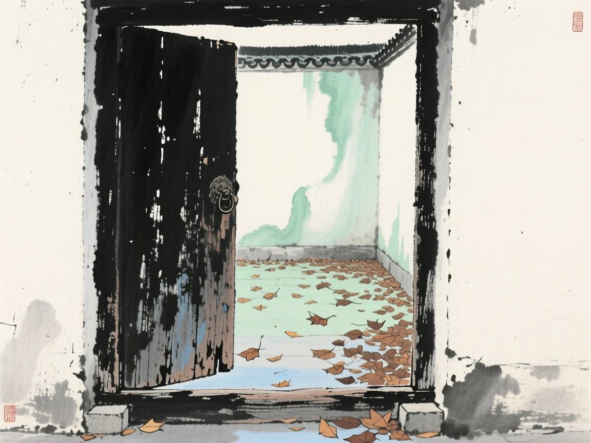 An old wooden door left ajar onto a courtyard of fallen leaves, touched with gentle melancholy.