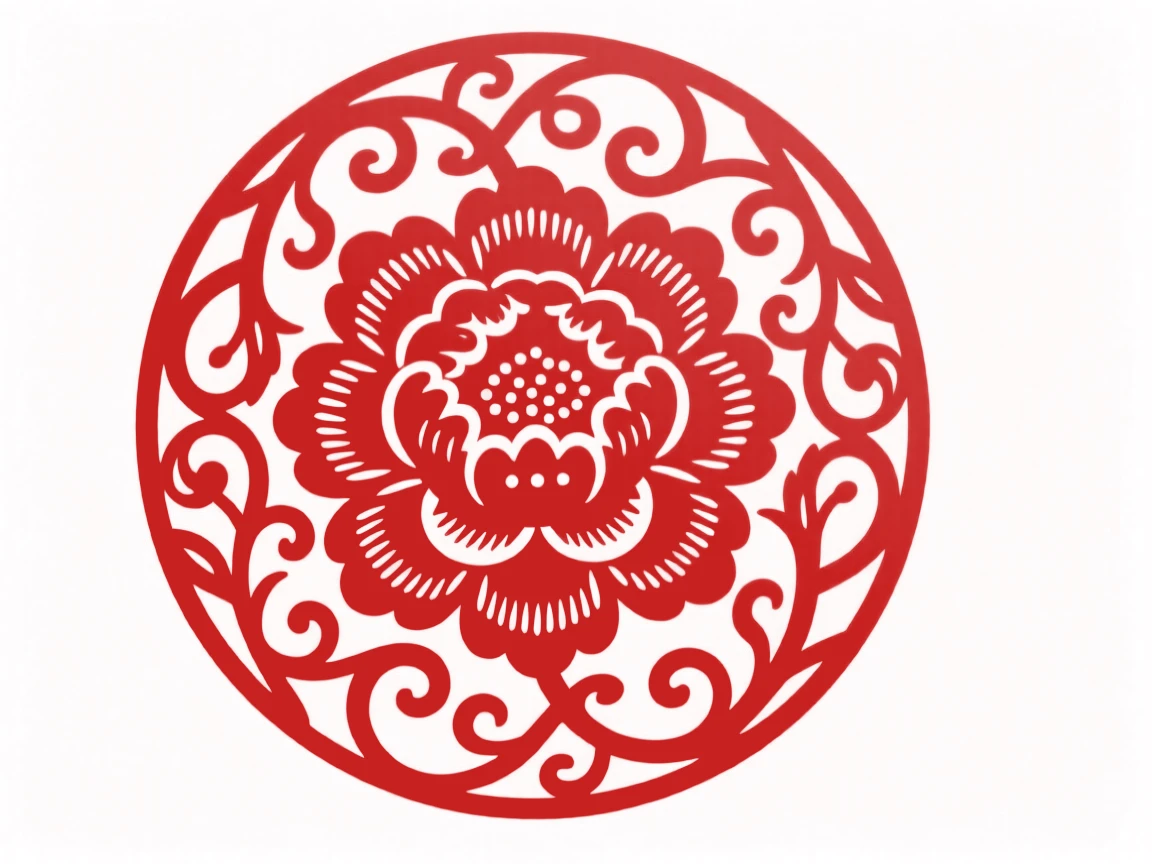 A circular medallion of interlocking peonies and scrolling vines radiating from a central bloom