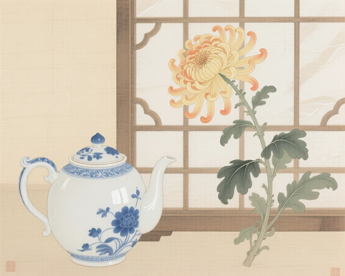 A porcelain teapot beside a single chrysanthemum in soft afternoon light beside a paper screen