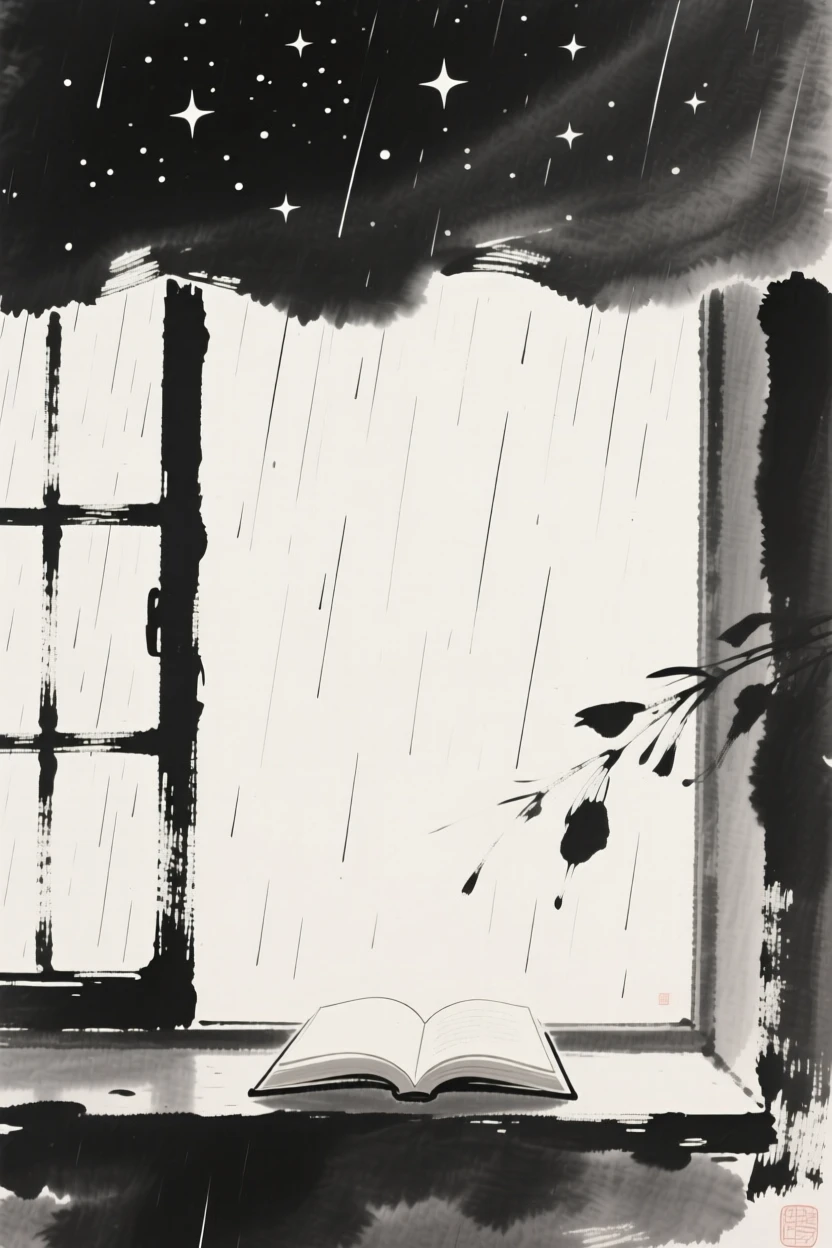 A quiet reading nook beside a rain-streaked window beneath a canopy of quiet stars, framed minimally, letting emptiness carry the mood, capturing a fleeting, meditative moment of peace.
