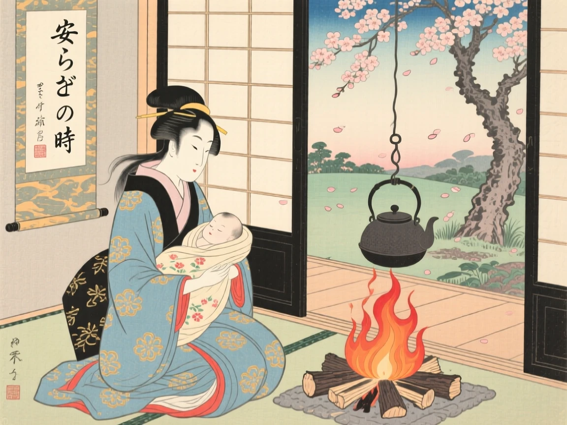 A court musician cradling a sleeping infant beside a warm hearth.