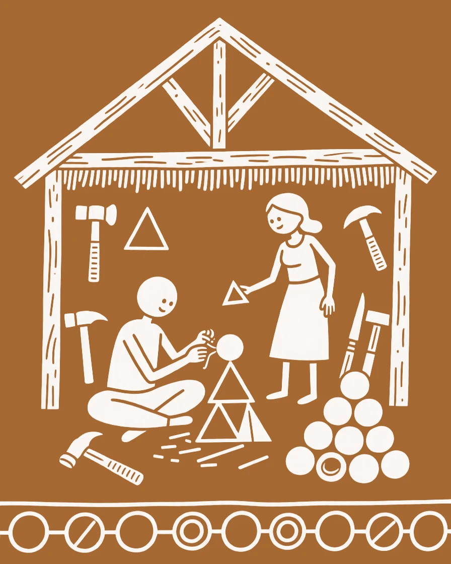 A toy maker working alongside a spouse in a small workshop.