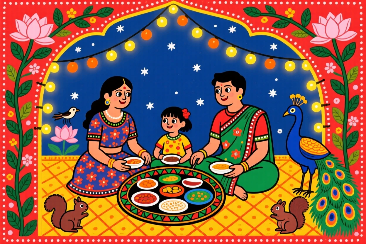 A family sharing a joyful meal together beneath string lights.