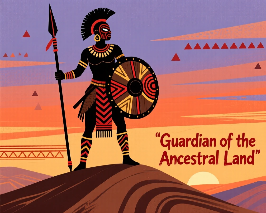 A warrior standing guard atop a hill at sunset.