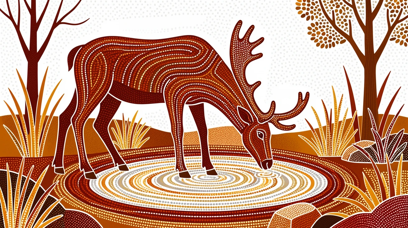 A caribou drinking from a quiet watering hole