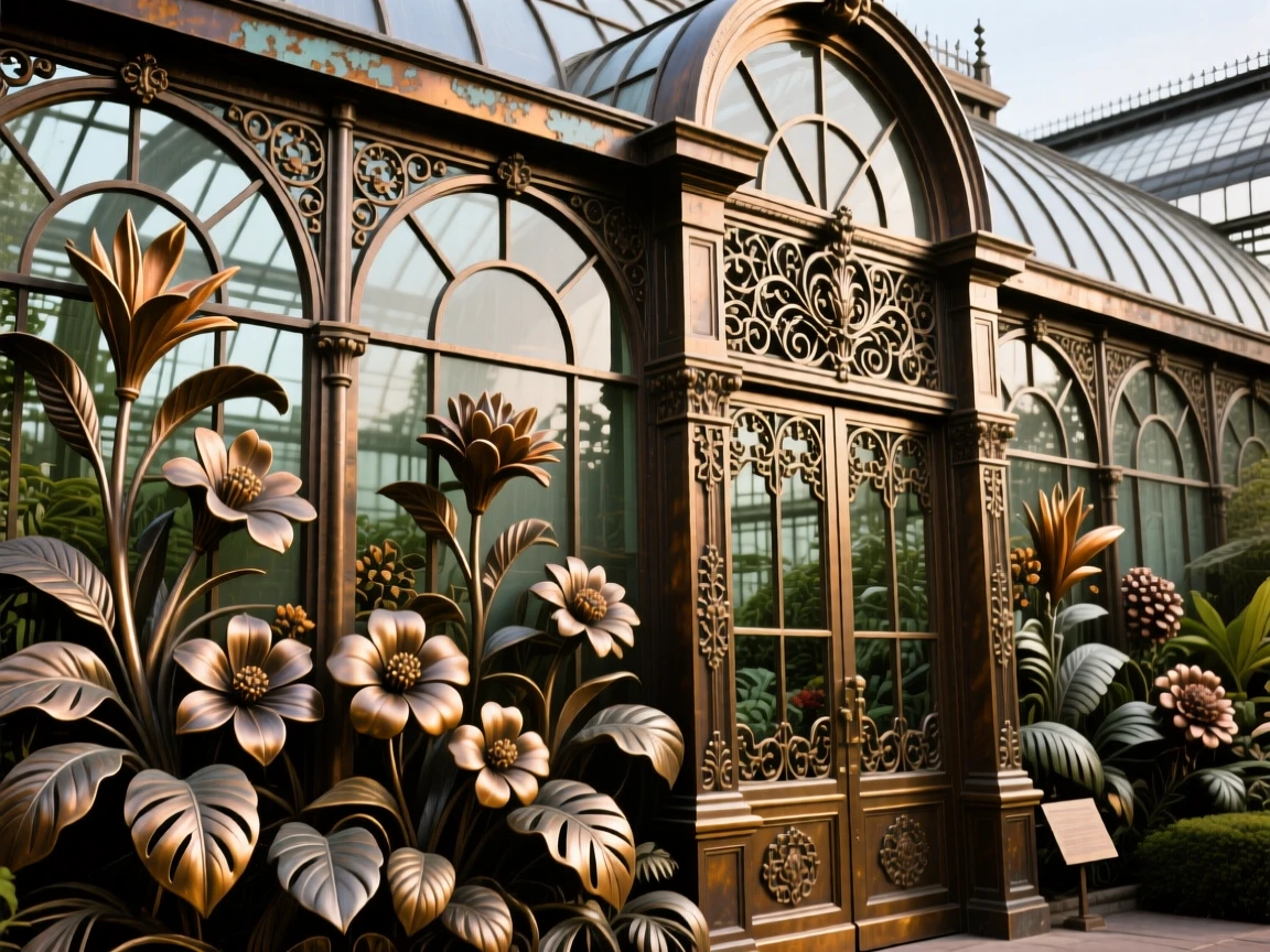 A grand botanical glasshouse filled with exotic blooms, with a powerful sense of history and grandeur, exuding timeless grandeur