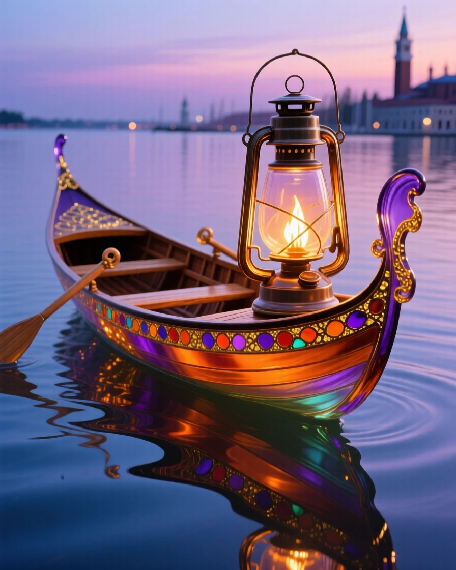 A vintage lantern-lit rowboat resting on a still lake at dusk, peaceful and nostalgic.