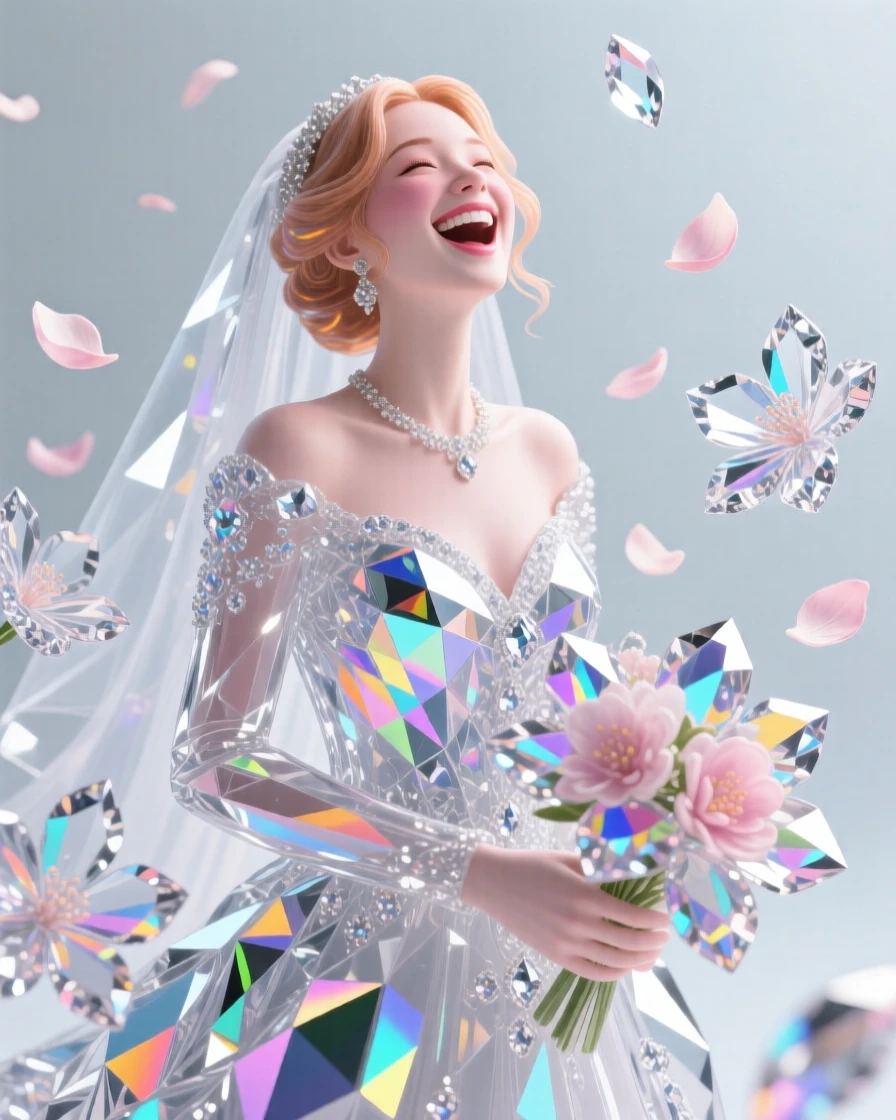 A bride laughing with pure joy as flower petals are thrown around her.