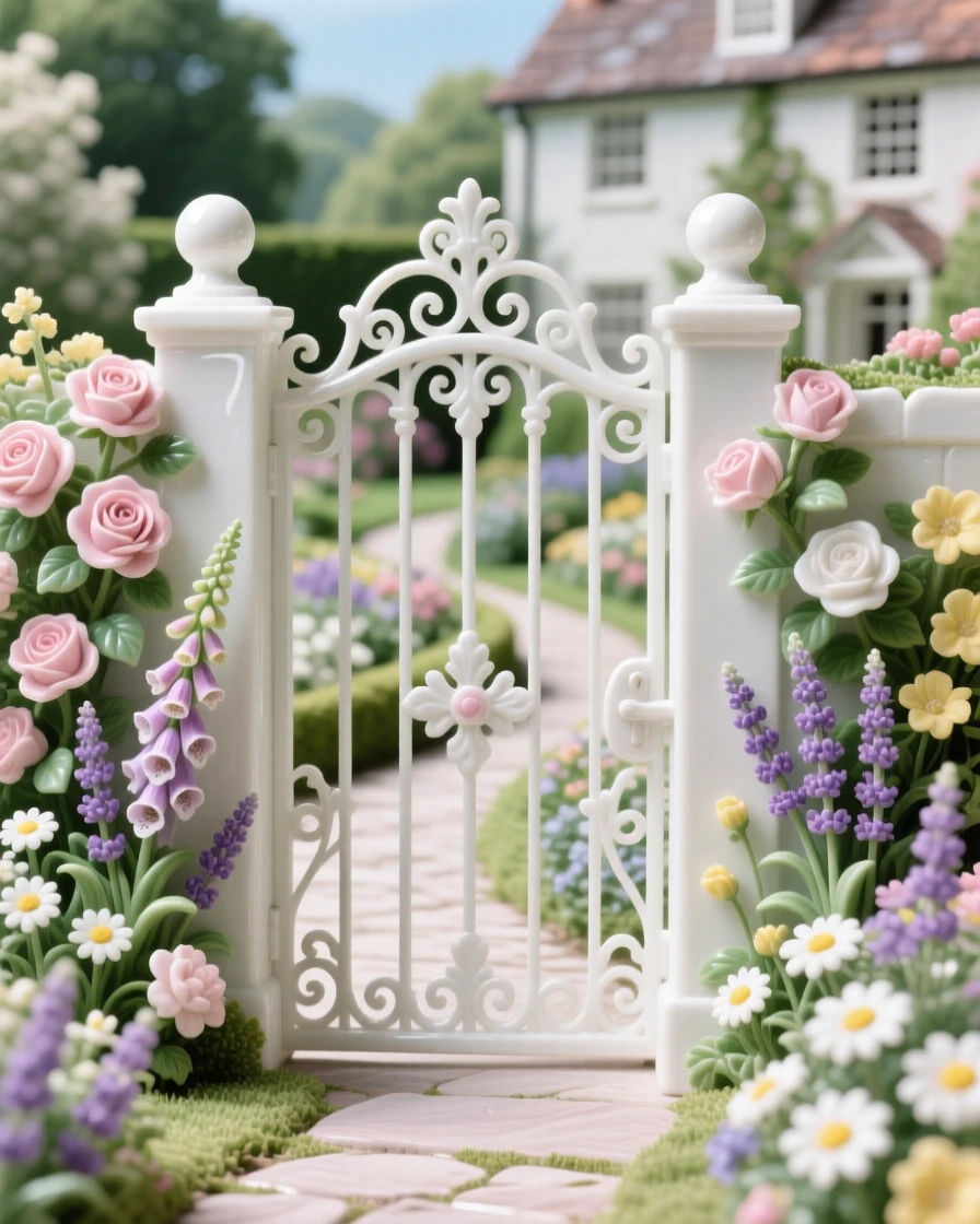 A sprawling English cottage garden in full bloom, framed by an antique iron gate.