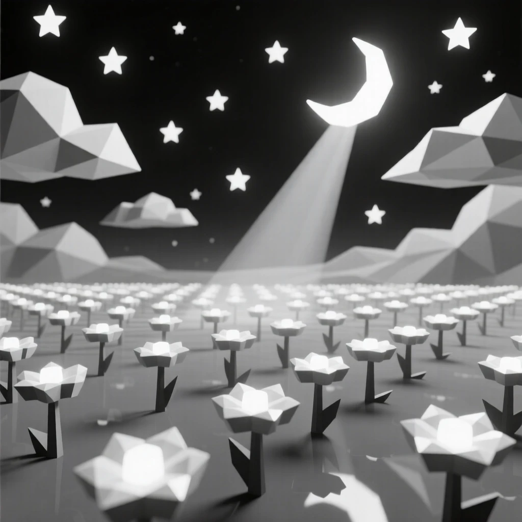 A field of glowing flowers beneath a starry night sky, amid drifting clouds lit by moonlight. reflections and light rays add a layer of visual depth. The atmosphere feels serene yet infinite.