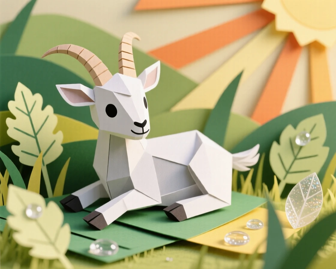 A young mountain goat resting in a sunlit meadow, with dew glistening on nearby leaves, capturing playful joy and warmth.