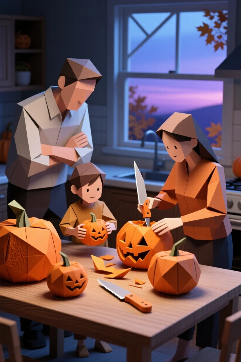 A family carving pumpkins together at the kitchen table on a crisp October evening.