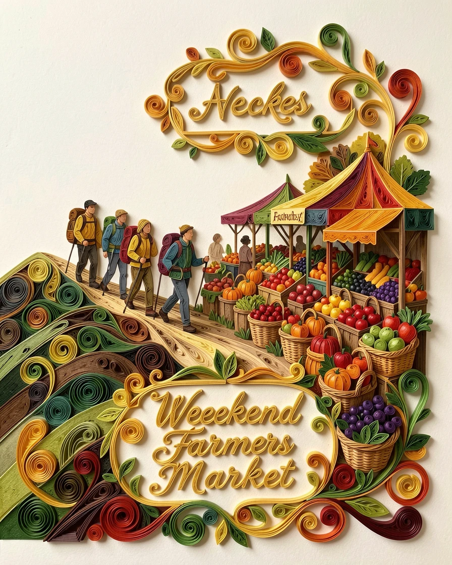 a group hiking along a scenic ridge trail, at an outdoor weekend farmers market, arranged with cozy layered textures throughout, with soft golden afternoon light throughout.